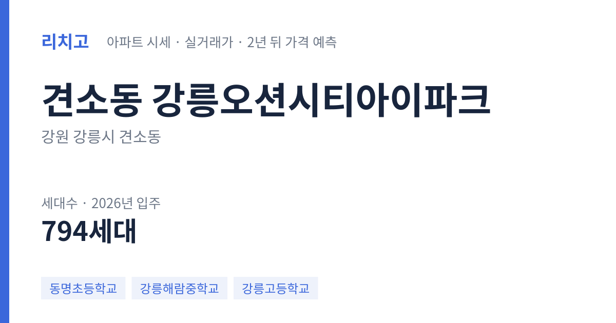 강릉오션시티아이파크 아파트 요약 카드 — 대표 평형 매매·전세 시세, 세대수, 입주 연도