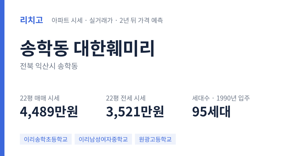 대한훼미리 아파트 요약 카드 — 대표 평형 매매·전세 시세, 세대수, 입주 연도