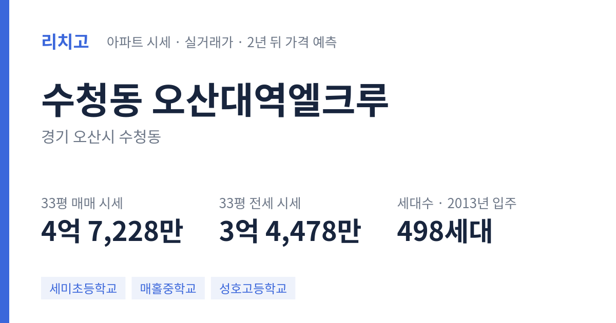 오산대역엘크루 아파트 요약 카드 — 대표 평형 매매·전세 시세, 세대수, 입주 연도
