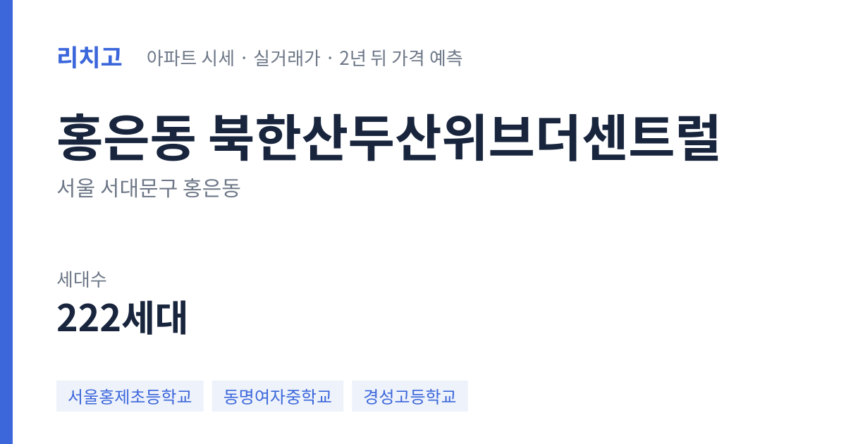 북한산두산위브더센트럴 아파트 요약 카드 — 대표 평형 매매·전세 시세, 세대수, 입주 연도