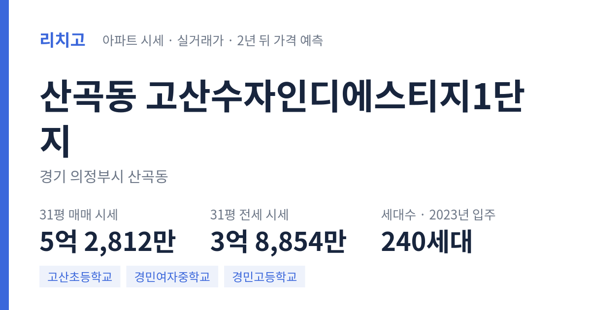 고산수자인디에스티지1단지 아파트 요약 카드 — 대표 평형 매매·전세 시세, 세대수, 입주 연도