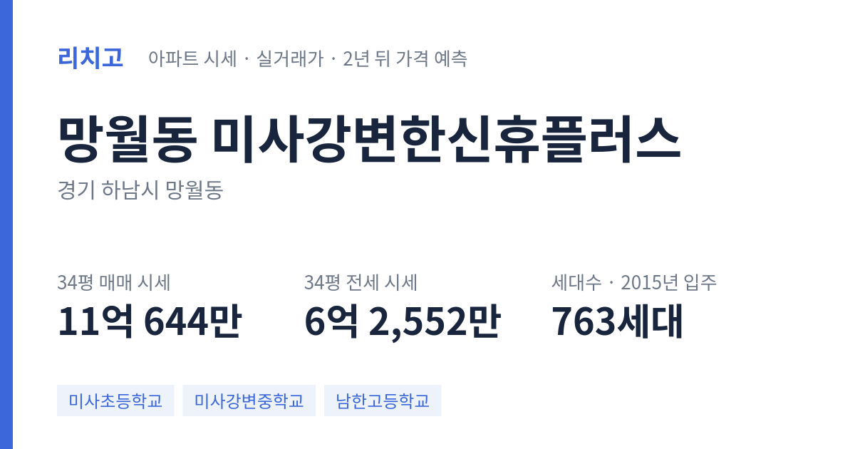미사강변한신휴플러스 아파트 요약 카드 — 대표 평형 매매·전세 시세, 세대수, 입주 연도