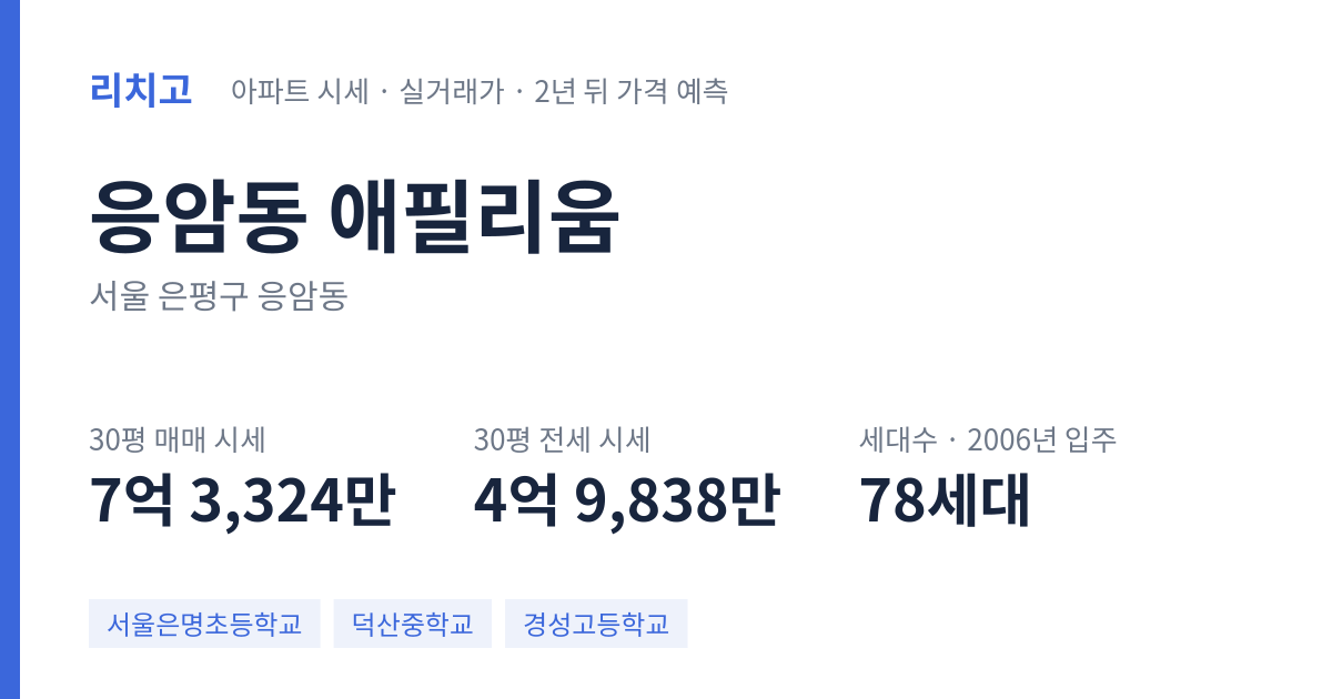 애필리움 아파트 요약 카드 — 대표 평형 매매·전세 시세, 세대수, 입주 연도