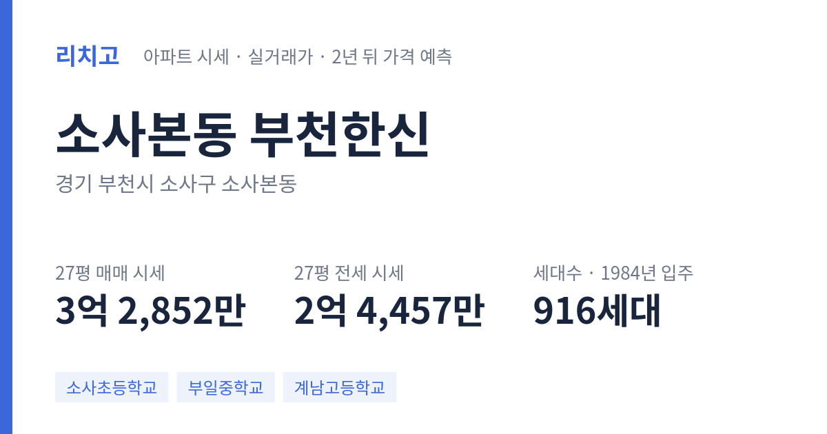 부천한신 아파트 요약 카드 — 대표 평형 매매·전세 시세, 세대수, 입주 연도