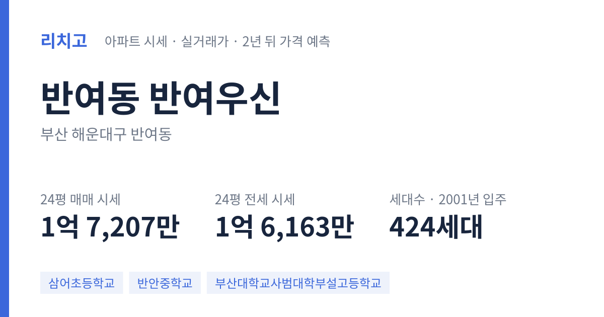 반여우신 아파트 요약 카드 — 대표 평형 매매·전세 시세, 세대수, 입주 연도