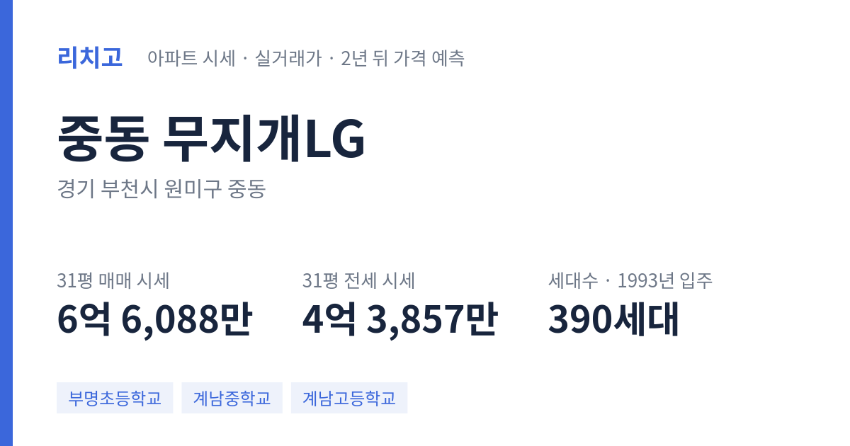 무지개LG 아파트 요약 카드 — 대표 평형 매매·전세 시세, 세대수, 입주 연도
