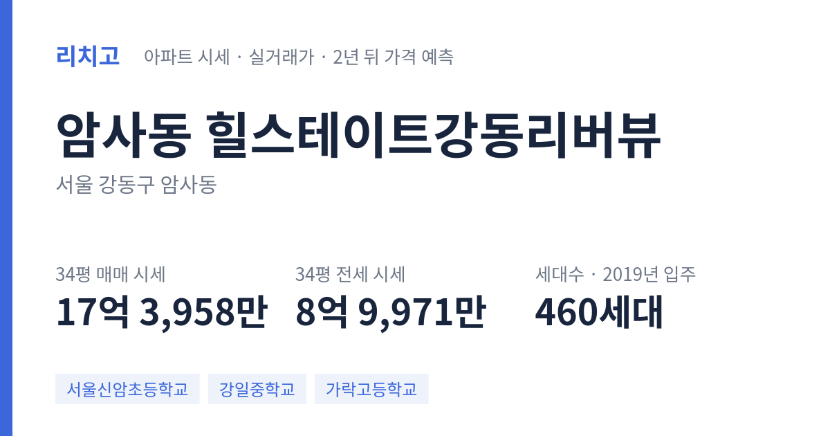 힐스테이트강동리버뷰 아파트 요약 카드 — 대표 평형 매매·전세 시세, 세대수, 입주 연도