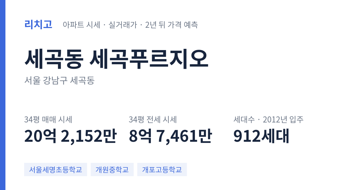 세곡푸르지오 아파트 요약 카드 — 대표 평형 매매·전세 시세, 세대수, 입주 연도