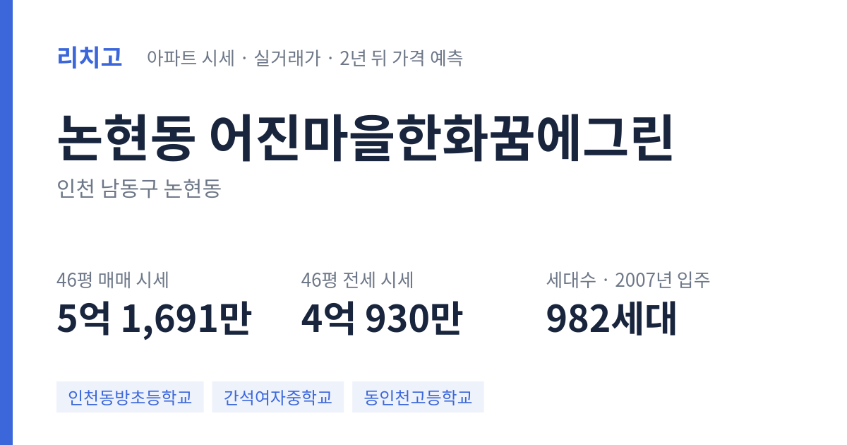 어진마을한화꿈에그린 아파트 요약 카드 — 대표 평형 매매·전세 시세, 세대수, 입주 연도