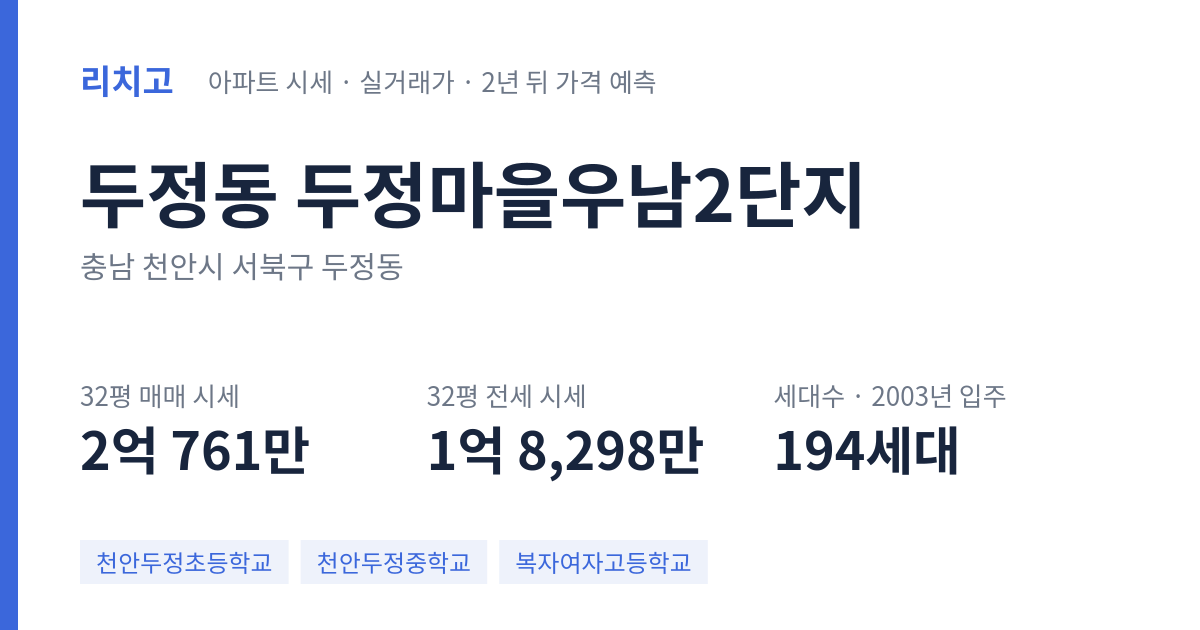 두정마을우남2단지 아파트 요약 카드 — 대표 평형 매매·전세 시세, 세대수, 입주 연도
