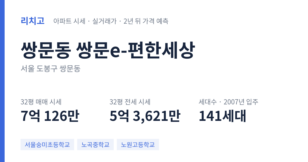쌍문e-편한세상 아파트 요약 카드 — 대표 평형 매매·전세 시세, 세대수, 입주 연도