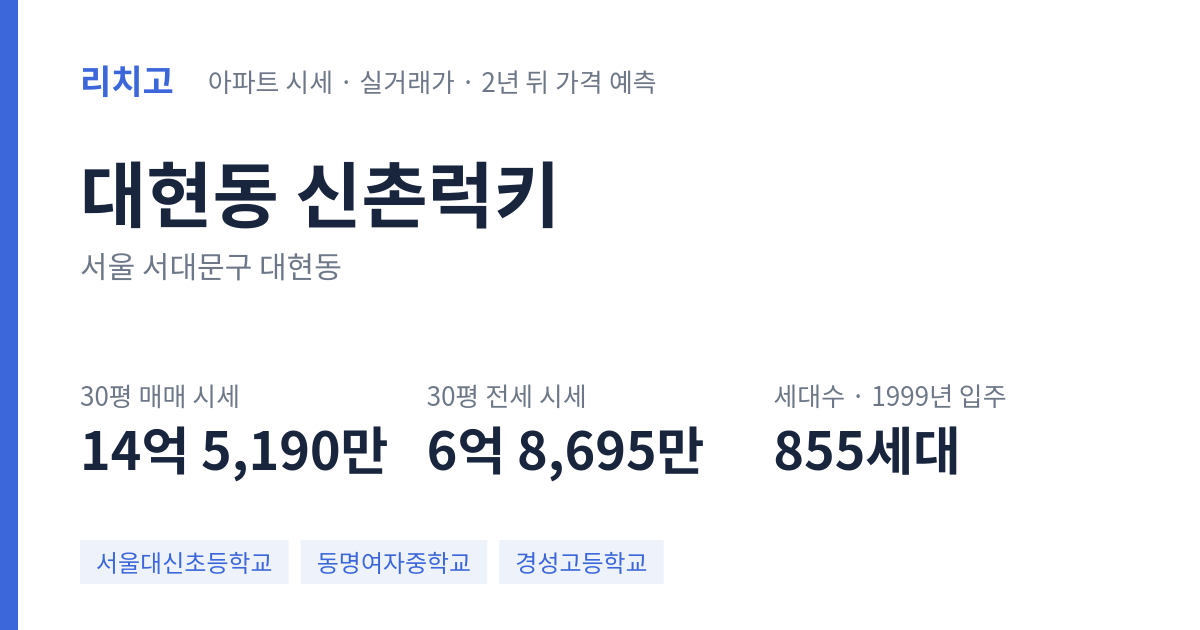 신촌럭키 아파트 요약 카드 — 대표 평형 매매·전세 시세, 세대수, 입주 연도
