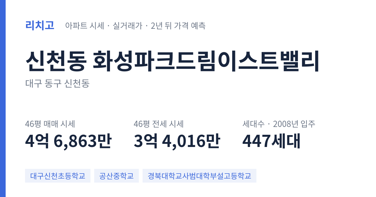 화성파크드림이스트밸리 아파트 요약 카드 — 대표 평형 매매·전세 시세, 세대수, 입주 연도