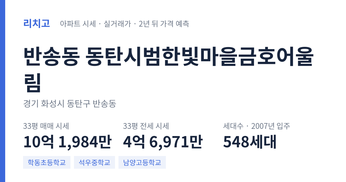 동탄시범한빛마을금호어울림 아파트 요약 카드 — 대표 평형 매매·전세 시세, 세대수, 입주 연도