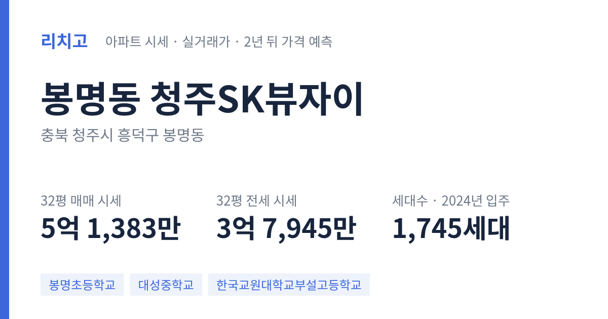 청주SK뷰자이 아파트 요약 카드 — 대표 평형 매매·전세 시세, 세대수, 입주 연도