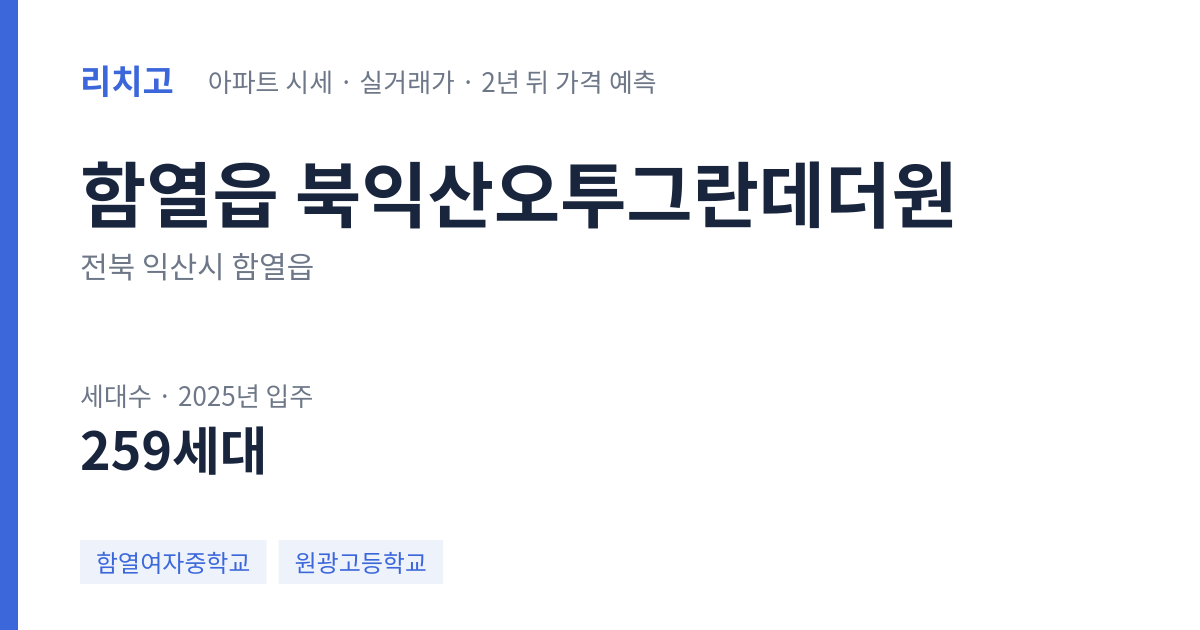 북익산오투그란데더원 아파트 요약 카드 — 대표 평형 매매·전세 시세, 세대수, 입주 연도