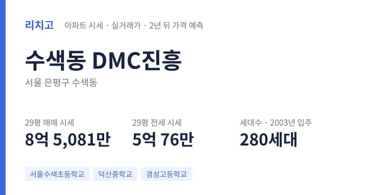 DMC진흥 아파트 요약 카드 — 대표 평형 매매·전세 시세, 세대수, 입주 연도