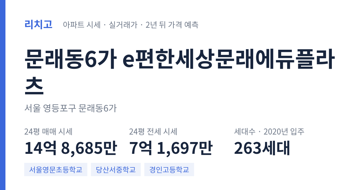 e편한세상문래에듀플라츠 아파트 요약 카드 — 대표 평형 매매·전세 시세, 세대수, 입주 연도