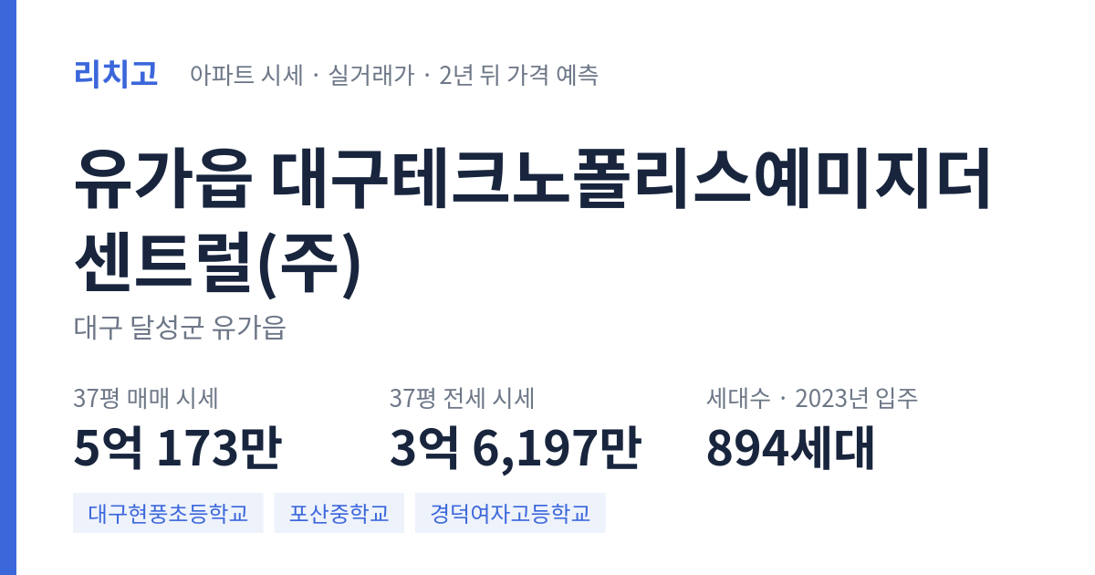 대구테크노폴리스예미지더센트럴(주) 아파트 요약 카드 — 대표 평형 매매·전세 시세, 세대수, 입주 연도