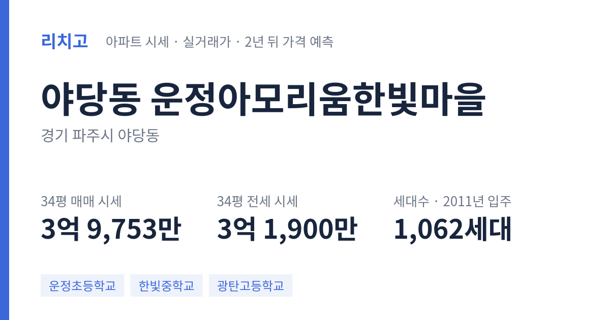 운정아모리움한빛마을 아파트 요약 카드 — 대표 평형 매매·전세 시세, 세대수, 입주 연도