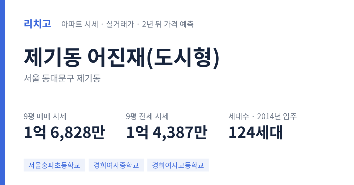 어진재(도시형) 아파트 요약 카드 — 대표 평형 매매·전세 시세, 세대수, 입주 연도