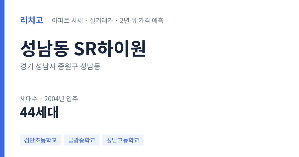 SR하이원 아파트 요약 카드 — 대표 평형 매매·전세 시세, 세대수, 입주 연도