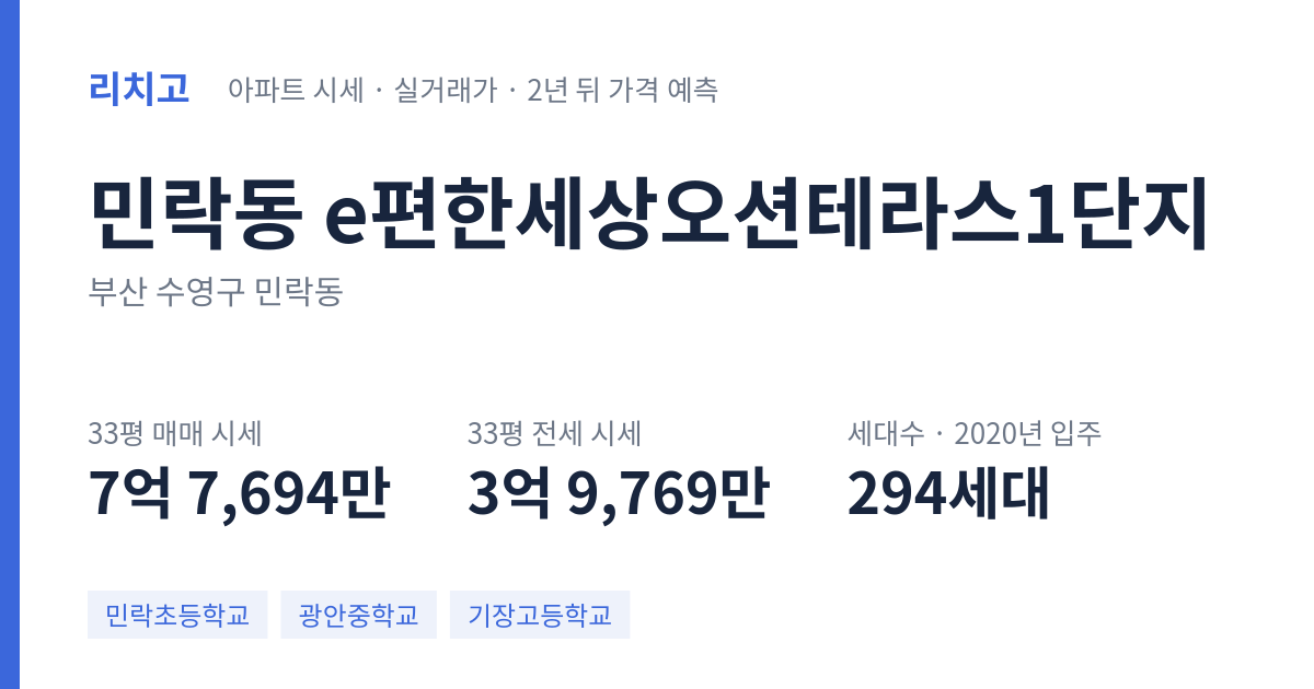 e편한세상오션테라스1단지 아파트 요약 카드 — 대표 평형 매매·전세 시세, 세대수, 입주 연도