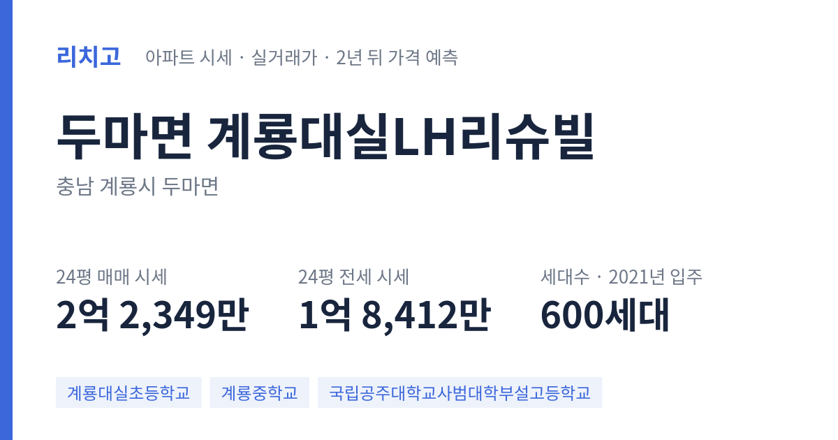계룡대실LH리슈빌 아파트 요약 카드 — 대표 평형 매매·전세 시세, 세대수, 입주 연도
