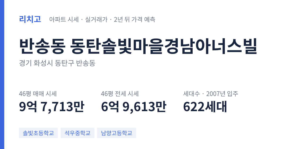 동탄솔빛마을경남아너스빌 아파트 요약 카드 — 대표 평형 매매·전세 시세, 세대수, 입주 연도
