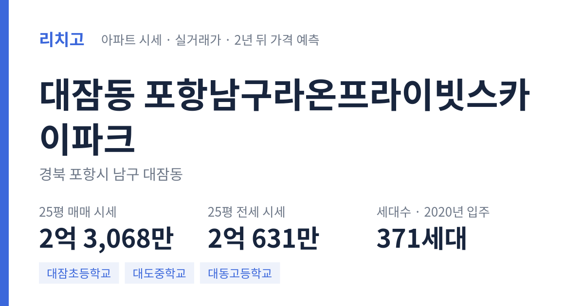 포항남구라온프라이빗스카이파크 아파트 요약 카드 — 대표 평형 매매·전세 시세, 세대수, 입주 연도
