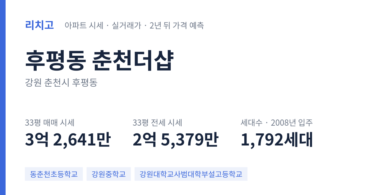 춘천더샵 아파트 요약 카드 — 대표 평형 매매·전세 시세, 세대수, 입주 연도