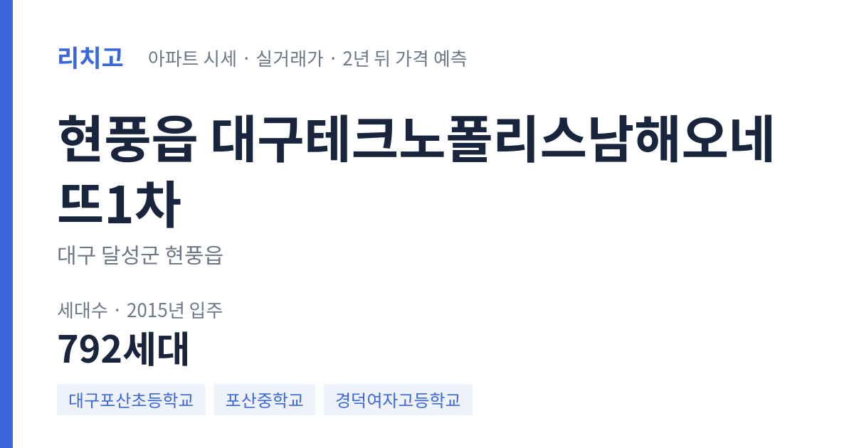 대구테크노폴리스남해오네뜨1차 아파트 요약 카드 — 대표 평형 매매·전세 시세, 세대수, 입주 연도