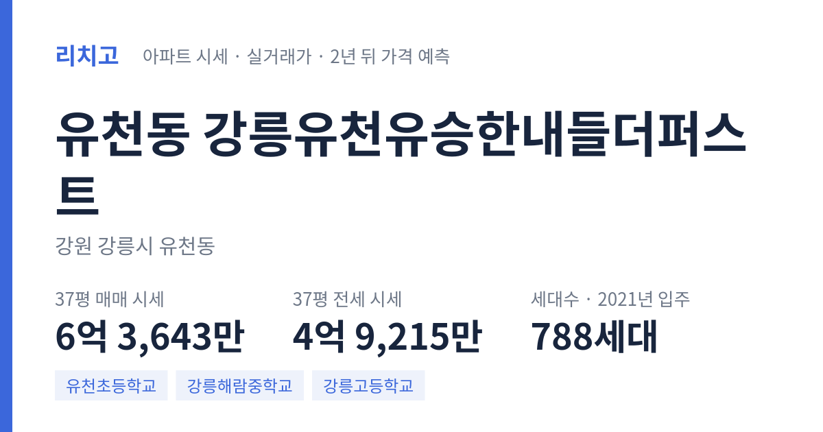 강릉유천유승한내들더퍼스트 아파트 요약 카드 — 대표 평형 매매·전세 시세, 세대수, 입주 연도