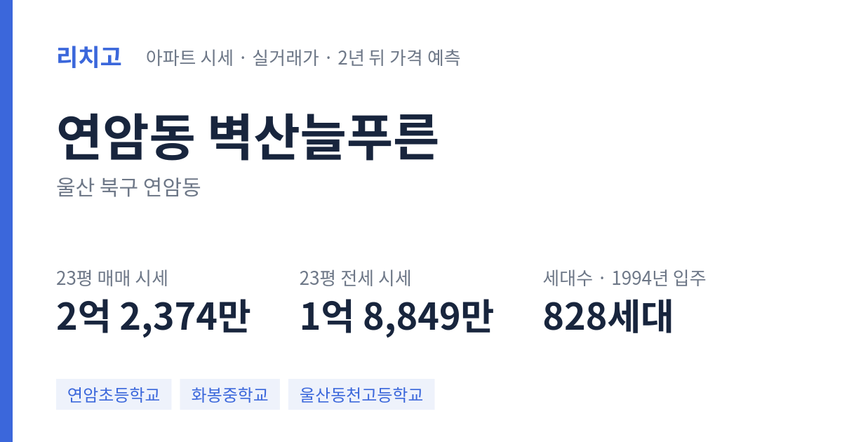 벽산늘푸른 아파트 요약 카드 — 대표 평형 매매·전세 시세, 세대수, 입주 연도