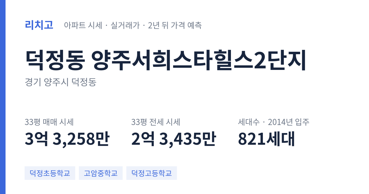 양주서희스타힐스2단지 아파트 요약 카드 — 대표 평형 매매·전세 시세, 세대수, 입주 연도