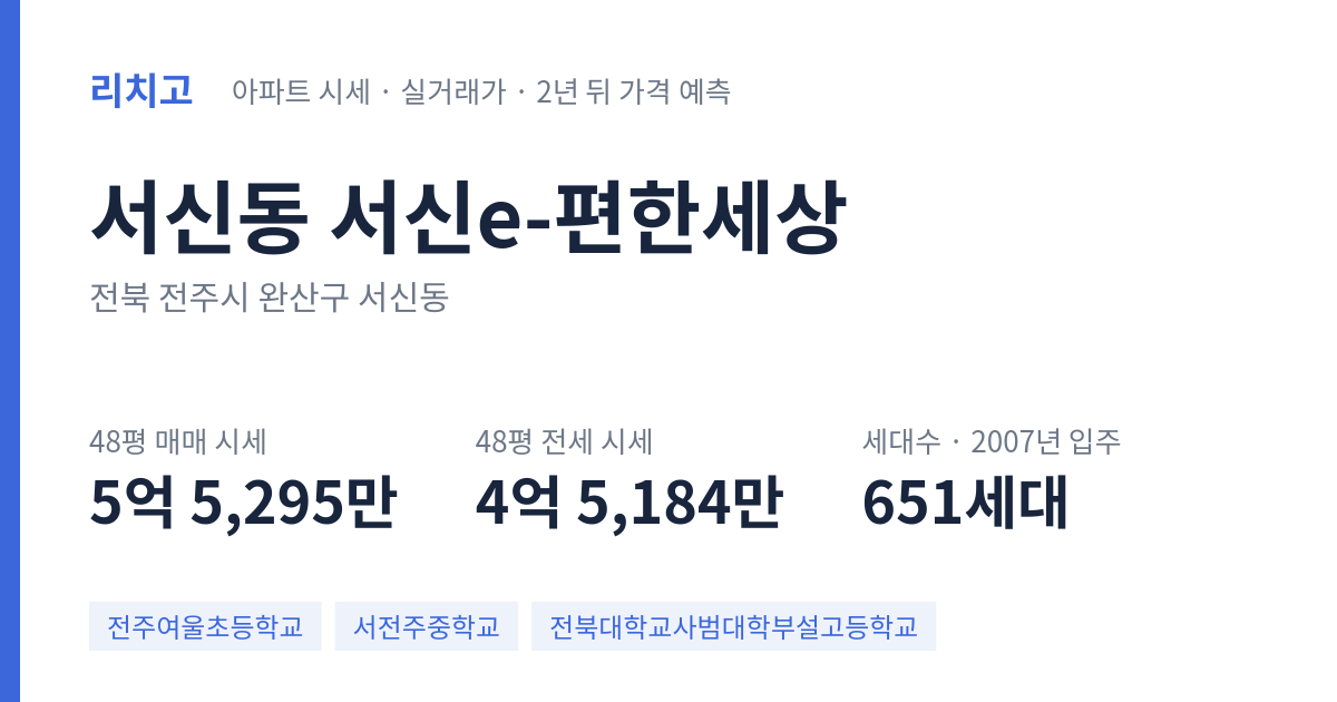 서신e-편한세상 아파트 요약 카드 — 대표 평형 매매·전세 시세, 세대수, 입주 연도