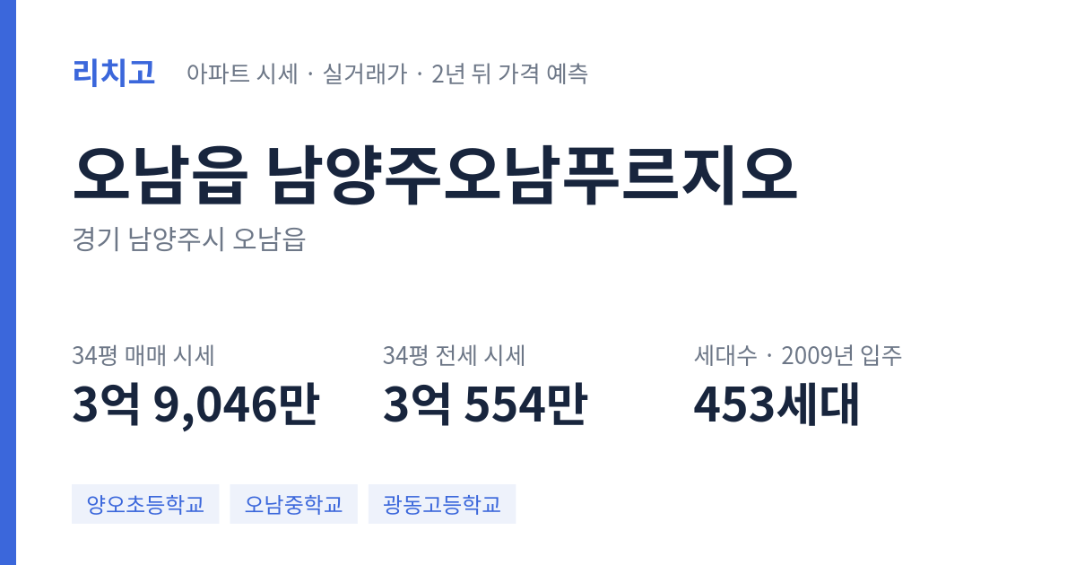 남양주오남푸르지오 아파트 요약 카드 — 대표 평형 매매·전세 시세, 세대수, 입주 연도