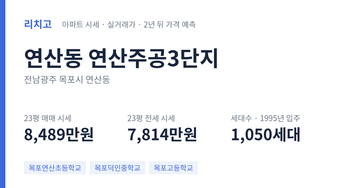 연산주공3단지 아파트 요약 카드 — 대표 평형 매매·전세 시세, 세대수, 입주 연도