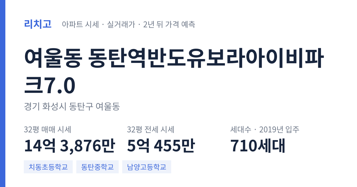 동탄역반도유보라아이비파크7.0 아파트 요약 카드 — 대표 평형 매매·전세 시세, 세대수, 입주 연도