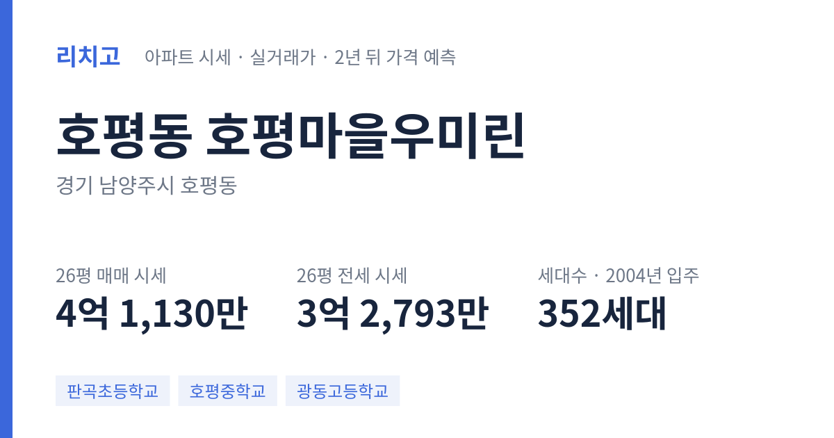 호평마을우미린 아파트 요약 카드 — 대표 평형 매매·전세 시세, 세대수, 입주 연도