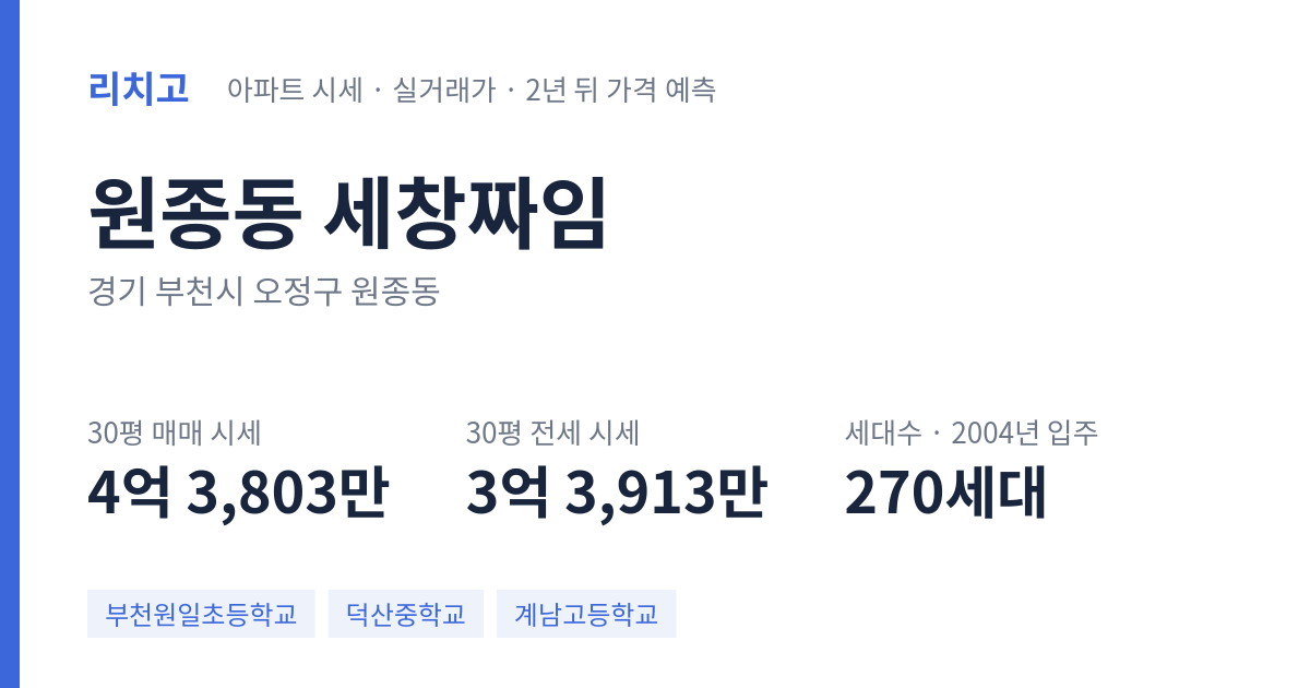 세창짜임 아파트 요약 카드 — 대표 평형 매매·전세 시세, 세대수, 입주 연도