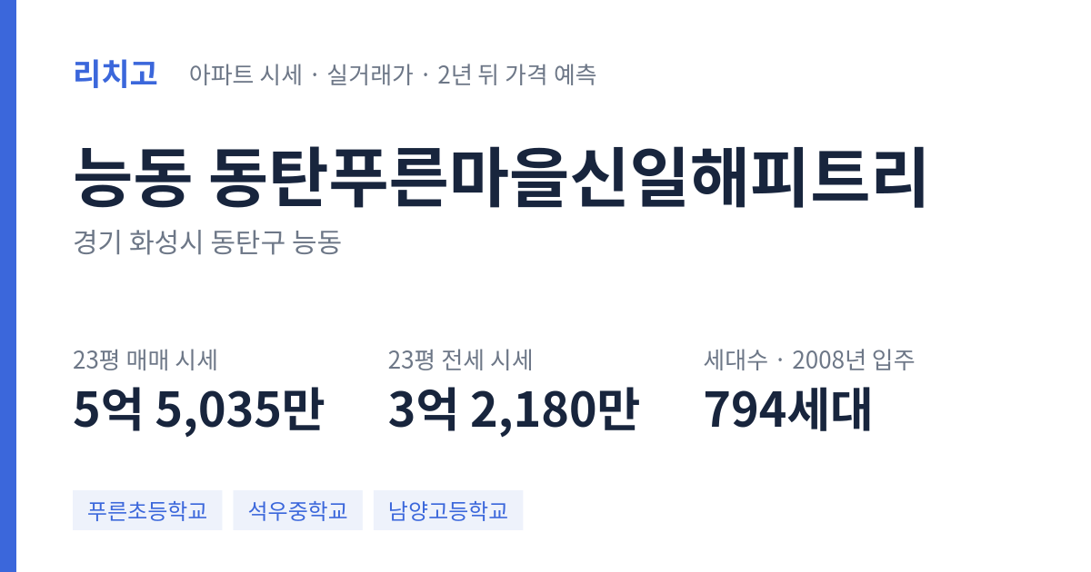 동탄푸른마을신일해피트리 아파트 요약 카드 — 대표 평형 매매·전세 시세, 세대수, 입주 연도