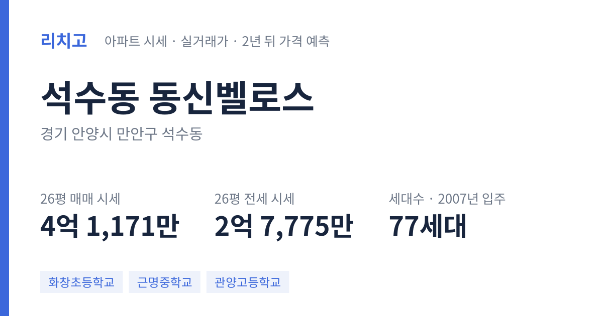 동신벨로스 아파트 요약 카드 — 대표 평형 매매·전세 시세, 세대수, 입주 연도