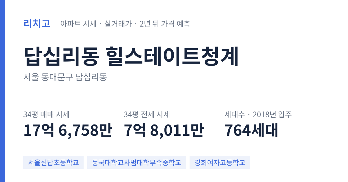 힐스테이트청계 아파트 요약 카드 — 대표 평형 매매·전세 시세, 세대수, 입주 연도