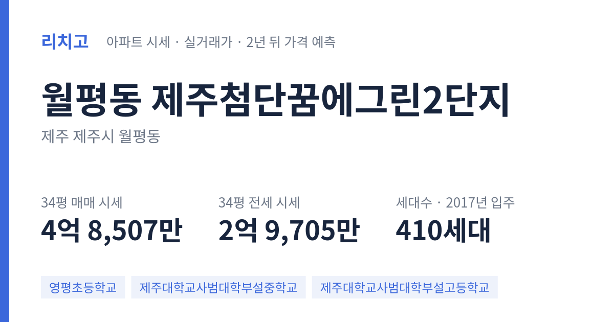 제주첨단꿈에그린2단지 아파트 요약 카드 — 대표 평형 매매·전세 시세, 세대수, 입주 연도