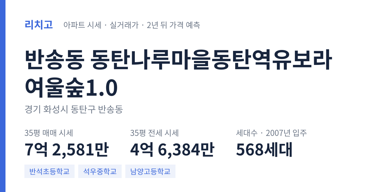 동탄나루마을동탄역유보라여울숲1.0 아파트 요약 카드 — 대표 평형 매매·전세 시세, 세대수, 입주 연도