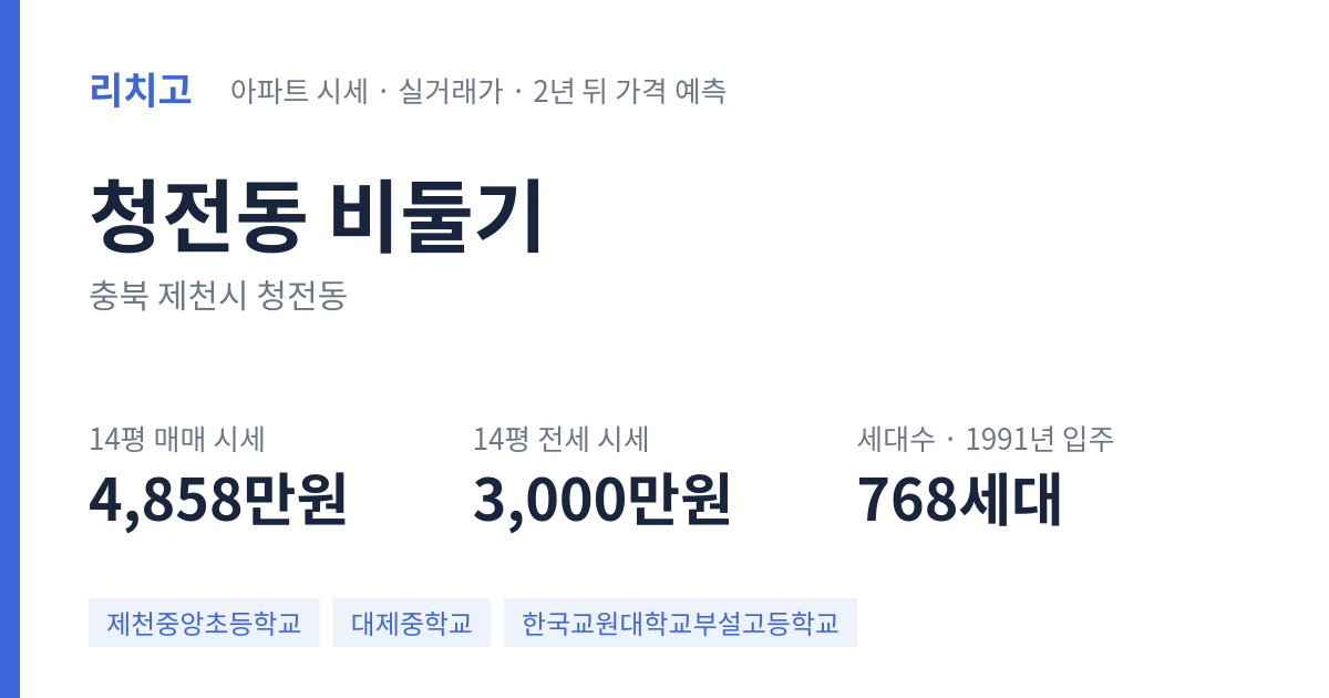 비둘기 아파트 요약 카드 — 대표 평형 매매·전세 시세, 세대수, 입주 연도