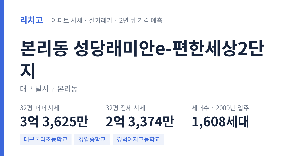 성당래미안e-편한세상2단지 아파트 요약 카드 — 대표 평형 매매·전세 시세, 세대수, 입주 연도