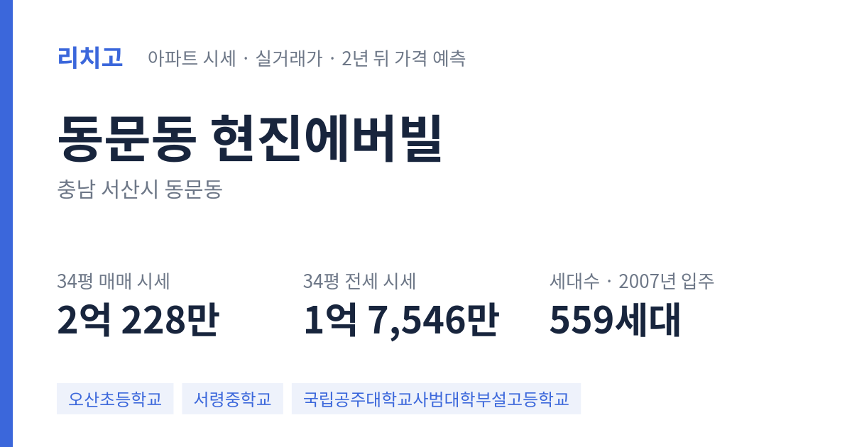 현진에버빌 아파트 요약 카드 — 대표 평형 매매·전세 시세, 세대수, 입주 연도