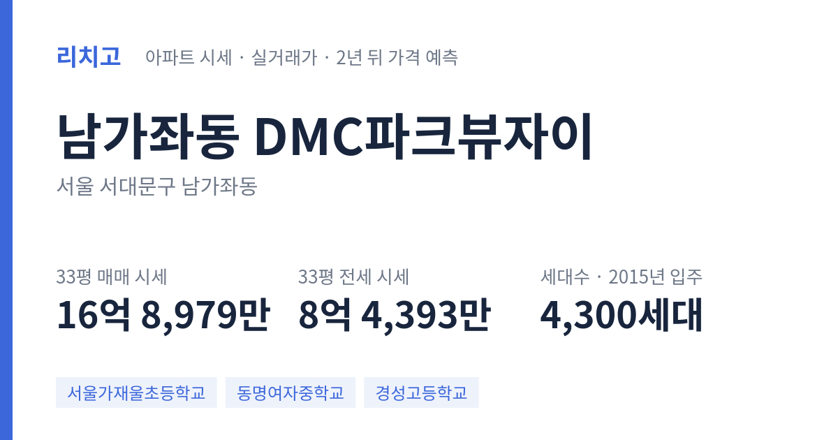 DMC파크뷰자이 아파트 요약 카드 — 대표 평형 매매·전세 시세, 세대수, 입주 연도